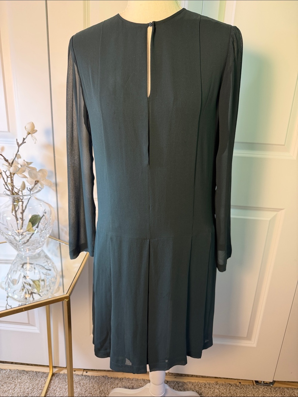 Tory Burch Dark Green Long-Sleeve silk pleated Shift Dress/ sz 2